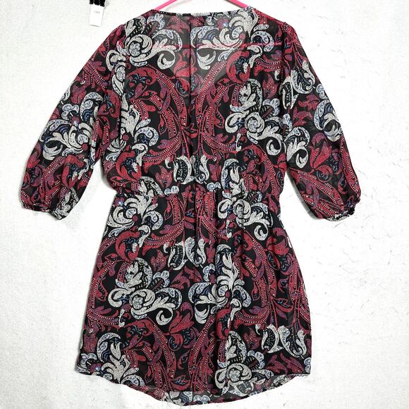 BeBop Purple and Black Print 3/4 Cinch Sleeve Dress Size Large - Picture 2 of 13